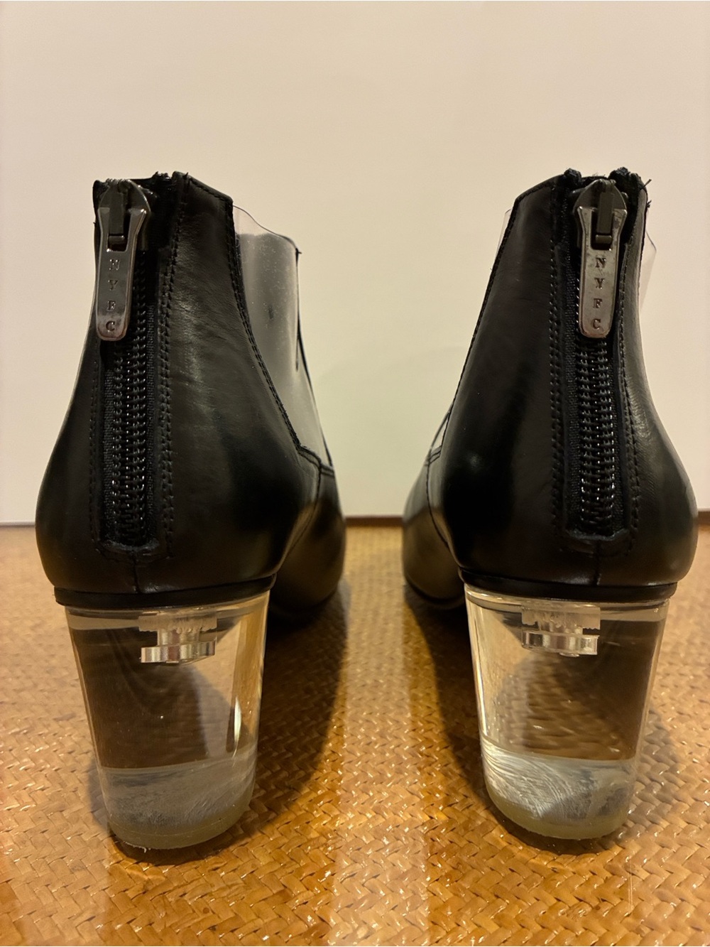 Rich Erani PVC, lucite, leather ankle boots. Back zip. Sz 37